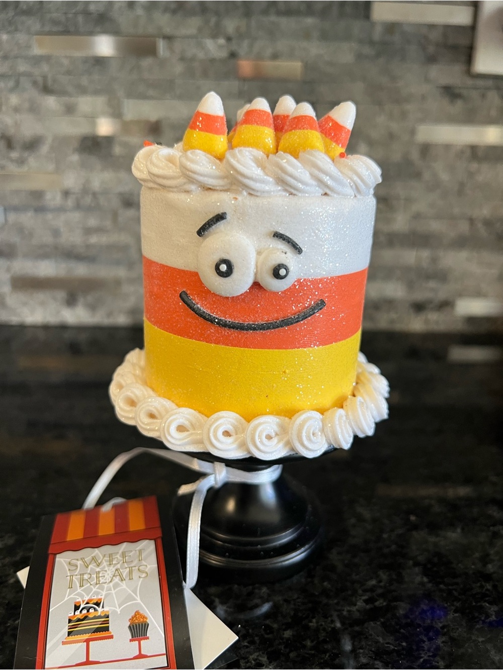 CANDY CORN Faux Frosted Cake With Smiley Face…So Realistic & CUTE!!! 6 In!!